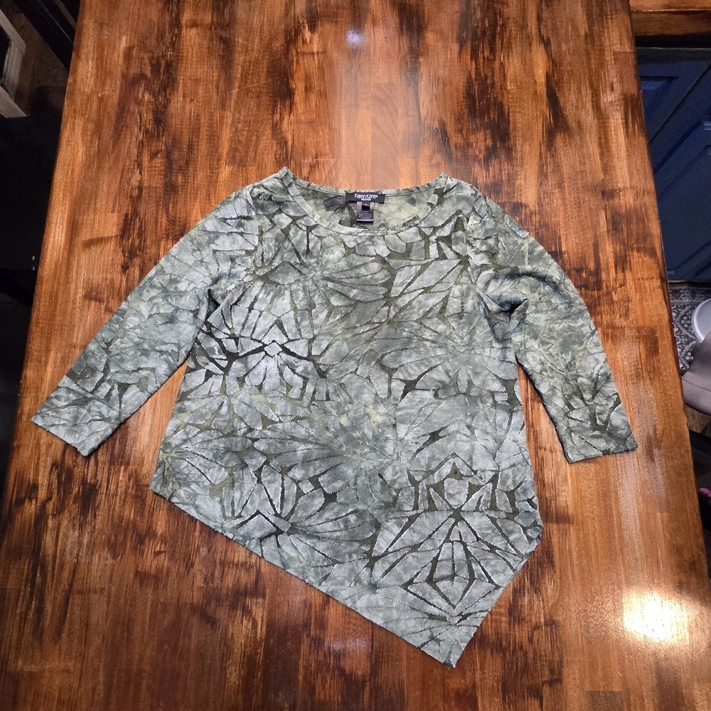 Karen Kane Petites Burnout Tie-Dye Crew Neck 3/4 Sleeve Asymmetric Tunic sz S